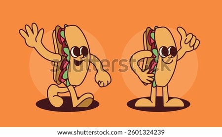 Retro Sub Sandwich Mascot for Cafe Restaurant Branding with Cartoon Hand-Drawn Characters in Vintage Style