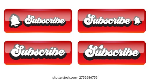Retro Subscribe button set. Red glossy UI elements with notification bell icon and vintage script typography for social media and video channels. Modern subscribe call to action vector art isolated on white.