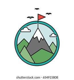 Retro success circular icon with mountain and flag, goal achievement business concept