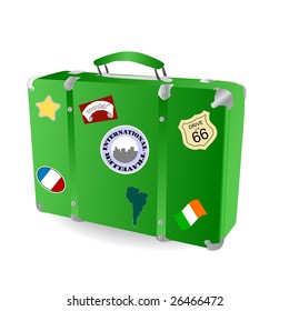 a retro suitcase with baggage stickers