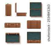 Retro suitcase brown accessory for personal things carrying open and closed realistic vector illustration. Classic leather baggage briefcase with golden metallic lock for trip front top side view