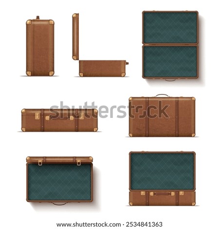 Retro suitcase brown accessory for personal things carrying open and closed realistic vector illustration. Classic leather baggage briefcase with golden metallic lock for trip front top side view