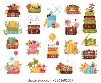 Retro suitcase collection. Brown leather suitcases stickers with exotic leaves and flowers cartoon vector