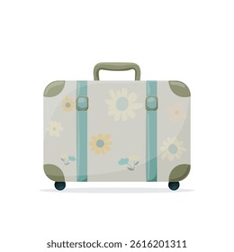 Retro suitcase with floral pattern, isolated on white background