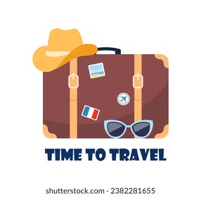 Retro suitcase, hat and sunglasses. Time to travel text. Travel concept for poster, banner. Vector illustration