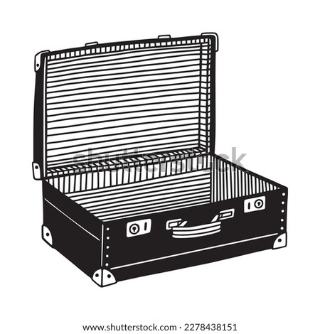 Retro suitcase, open. Striped inner lining. Hand drawn vector illustration.