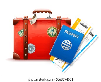 Retro suitcase passport and airline tickets for travel. Suitcase with stickers international documents and boarding pass to flight on airplane, isolated white background. EPS10 vector illustration.