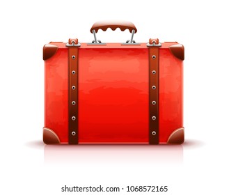 Retro suitcase. Red luggage case for travel isolated white background. EPS10 vector illustration.