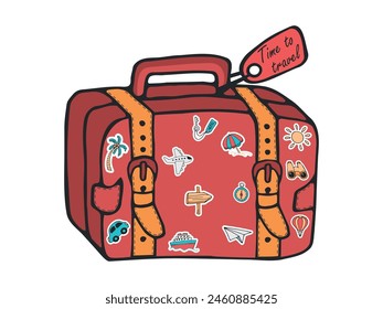 Retro suitcase of a traveler with travel stickers. Vector vintage travel bag. Icon set of elements for summer vacation travel. Hand drawn vector doodles in flat style on transparent background