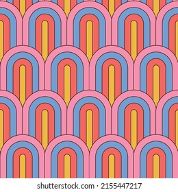 Retro summer 70s rainbow stripes seamless pattern. Retrowave 80s art retro background. Striped arches in groovy 1970s style. Abstract geometric vector illustration..