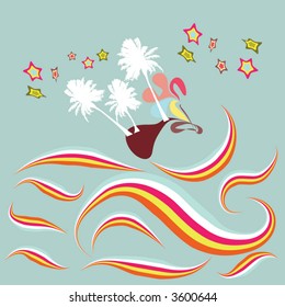 retro summer background with palm tree, surf, star, wave rainbow