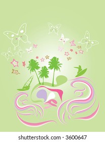 retro summer background with palm tree, surf, butterfly, wave, rainbow, star