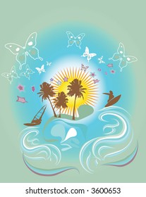 retro summer background with palm tree, surf, butterfly, wave, rainbow, star