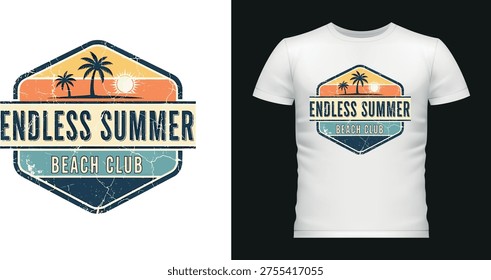 Retro summer badge design for t-shirt. Beach themed graphic with palm trees and sunset, distressed texture.