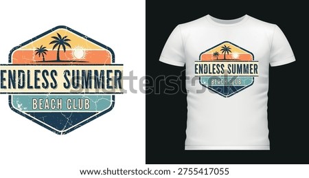 Retro summer badge design for t-shirt. Beach themed graphic with palm trees and sunset, distressed texture.