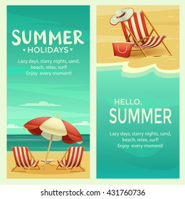 Retro summer banner template with beach umbrella, chair, ocean and sand, landscape, realistic detailed vector illustration