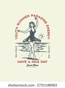 Bailarín retro de la playa del verano que disfruta de un día soleado Plantillas gráficas de la camiseta