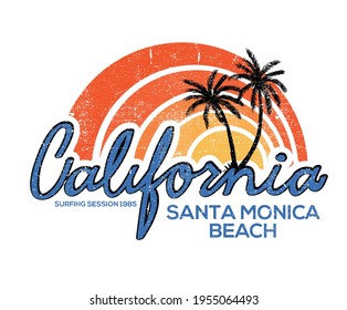 Retro Summer Beach Design For Apparel And Others. California Santa Monica Beach T-shirt Design.  Beach Vibes Artwork.