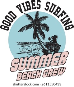 Retro summer beach design with palm tree, ocean, and surfing vibes.	