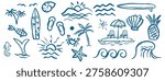Retro summer beach doodle icon set with hand drawn tropical ocean and surf elements for coastal poster and t shirt design