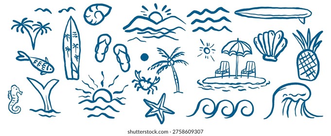 Retro summer beach doodle icon set with hand drawn tropical ocean and surf elements for coastal poster and t shirt design
