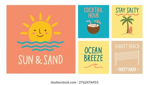 Retro Summer Beach Illustration Poster Set with Sun Palm Cocktail Ocean Breeze Typography Vintage Vacation Design Collection