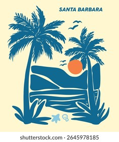 Retro summer beach palm tree, sea, waves,sun illustration with retro typography slogan print for graphic tee t shirt or poster, sticker - Vector design