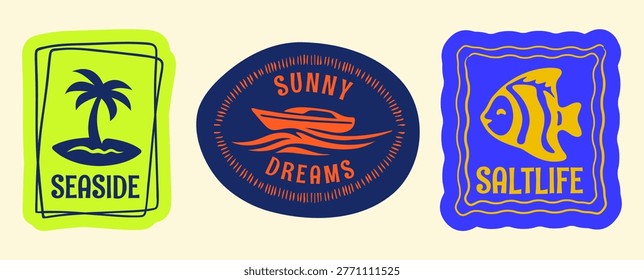 Retro Summer Beach Postcard Sticker Set, Vintage Hand Drawn Travel Postage Stamp Signs Flat Vector Illustration for T-Shirt Prints, Posters, Stickers, and Travel Designs