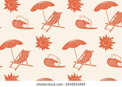 Motif rétro de plage d'été harmonieux avec parasols, vagues et transats