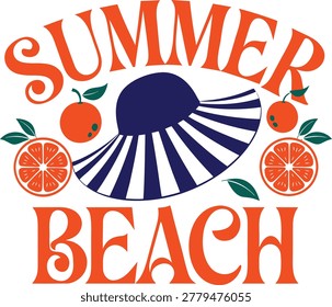 Retro Summer Beach Typography Illustration with Striped Sun Hat and Oranges