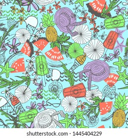 Retro summer beach vacation background with summer foods, beach accessories and seashell. Seamless vector pattern.