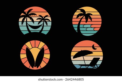 Scènes de vacances à la plage d'été rétro avec des palmiers et des couchers de soleil