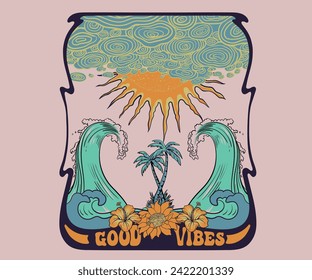 retro summer beach vacation vector design, summer beach artwork, sun and wave design, good vibes typography, decorate sun and cloud 