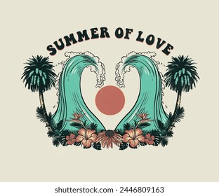 retro summer beach vector design, tropical island holidays, palm and big wave surfing artwork for t shirt, graphic print  