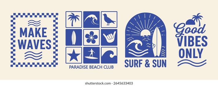 Retro Summer Beach Vector Set with Surfboards Palm Trees Waves and Inspirational Typography for Coastal Apparel and Prints