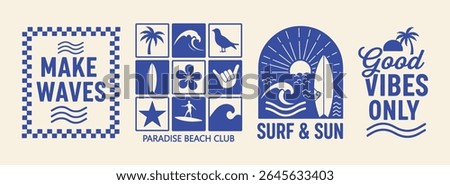 Retro Summer Beach Vector Set with Surfboards Palm Trees Waves and Inspirational Typography for Coastal Apparel and Prints
