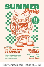 Retro Summer Beer Party Poster with Cartoon Beer Mug, DJs, and Free Flow Drink Info