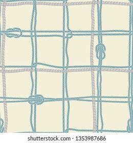  Retro summer blue marine Rope seamless  pattern Vector design on light beige background color