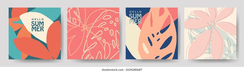Retro summer botanical design set with grainy textures and stylized tropical leaves. Background collection for cards, banners, poster, digital templates
