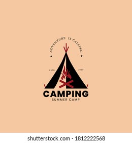 Retro summer camp badge graphic logo ,emblem design. vintage camping and outdoor adventure emblems, logos and badges. Camp tent in forest or mountains. Camping equipment.