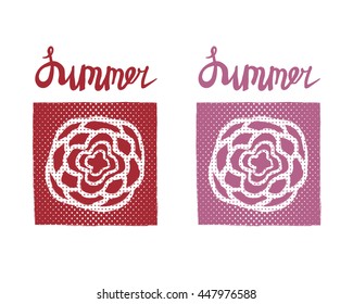 Retro summer cards and emblems. Brush pen handwritten lettering - summer and flower rose in engraving style.
