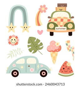 Retro summer clipart. Groovy summer vibes clipart. Hello summer clip art in cartoon flat style. Hand drawn vector illustration.	