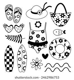 Retro summer clipart. Groovy summer vibes clipart. Black and white summer clipart. Hello summer doodle in flat style. Hand drawn vector illustration.