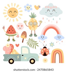 Retro summer clipart. Groovy summer vibes clipart. Hello summer clip art in cartoon flat style. Hand drawn vector illustration.