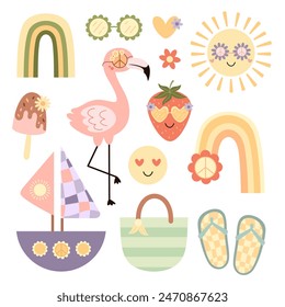 Retro summer clipart. Groovy summer vibes clipart. Hello summer clip art in cartoon flat style. Hand drawn vector illustration.