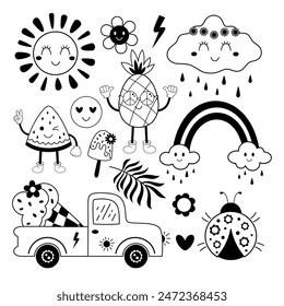 Retro summer clipart. Groovy summer vibes clipart. Hello summer clip art in cartoon flat style. Black and white summer. Hand drawn vector illustration.