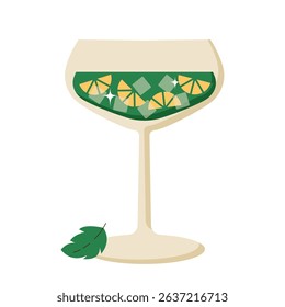 Retro summer cocktail in glass with leaf, lime and ice. Flat vector illustration isolated on white background