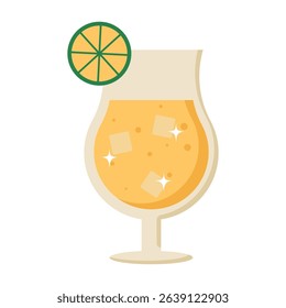 Retro summer cocktail in glass with lime. Flat vector illustration isolated on white background