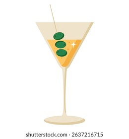 Retro summer cocktail martini in glass with olives. Flat vector illustration on white background