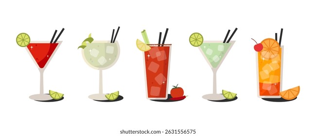 Retro summer cocktails set. Hand drawn alcohol beverages with lemon, mint, and berries for party design. Beverages set isolated on a white background